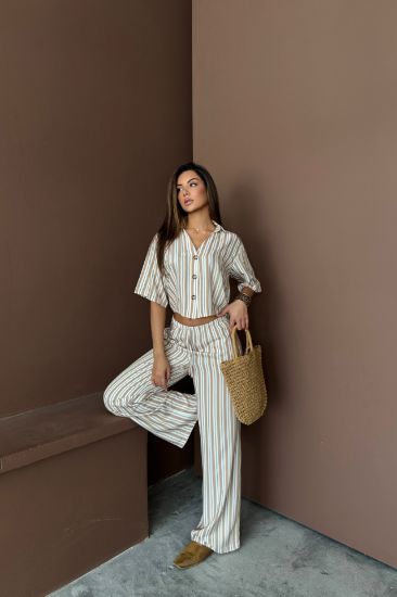 ÇİZGİLİ CROP GÖMLEK - SALAŞ PANTOLON TAKIM MODAL - Bej resmi